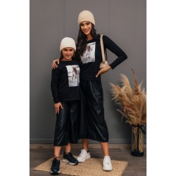FW23-set (4 τεμαχίων) Γυναικείο & Παιδικό Zip Culotte Μαύρο Δερματίνη & Μπλούζα με Τύπωμα Shopping Lady